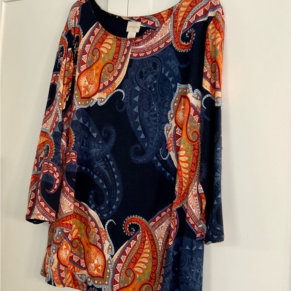 CHICO’S NAVY & ORANGE PAISLEY SOFT JERSEY TOP SIZE 3/XL/14/16